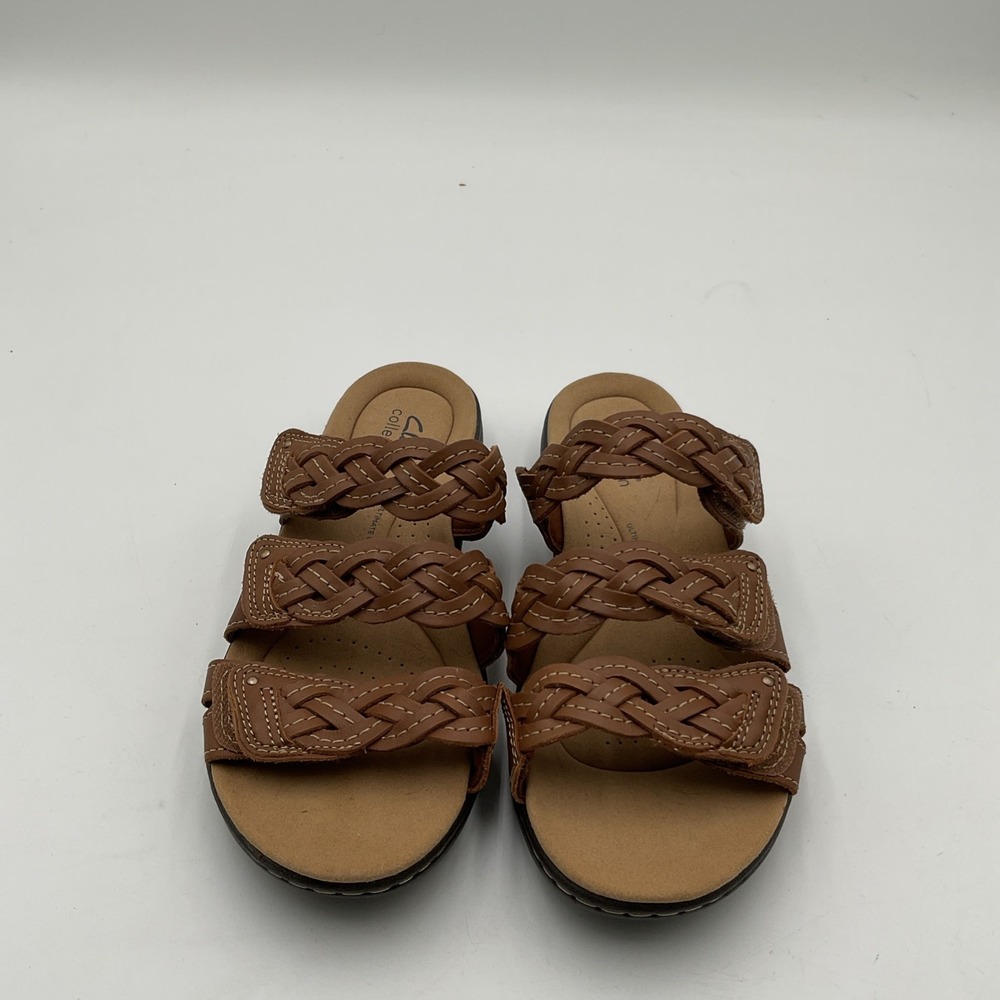 Clarks Sandals Womens 8 Brown Tan Leather Braided Adjustable Slide Laurieann Rio